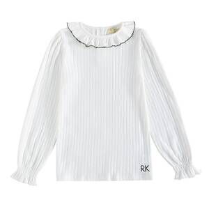 NEW RETROKID girls pointelle collared long sleeve t-shirt in white/ light blue